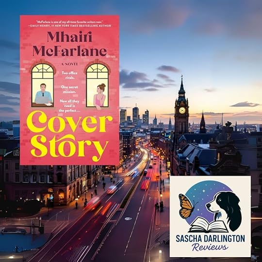 Book cover of 'Cover Story' by Mhairi McFarlane featuring illustrations of two office rivals, with a city skyline in the background and a review logo in the bottom right corner.