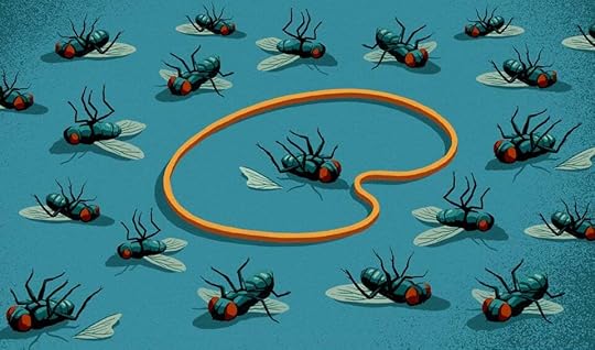 Surreal green background strewn with dead flies and an open rubber band