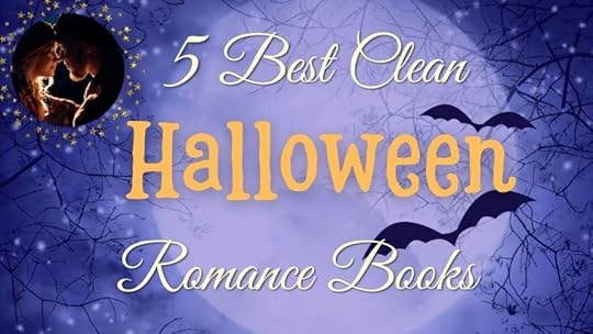 5 Best Clean Halloween Romance Books featured image set against a night sky backdrop with a large moon and bats. A small frame in the corner shows a couple in love gazing at each other.