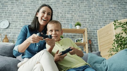 mom playing game with son