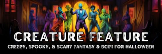Banner for 'Creature Feature' book promotion, showing various scary monsters