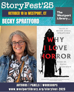 A graphic of Becky's headshot and Why I Love Horror's cover with details about my panel. Click on the image for details