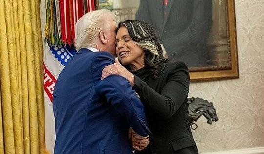 President Donald J. Trump congratulates Tulsi Gabbard after she was sworn in as the director of National Intelligence in the Oval Office of the White House, Wednesday, Feb. 12, 2025. (Official White House photo by Daniel Torok)