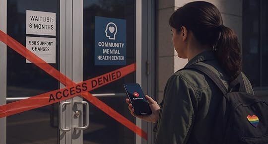 A woman with a backpack stands outside a community mental-health center. Red “ACCESS DENIED” tape crosses the glass doors. On her phone screen: “Call Failed.” Notices on the door say “Waitlist: 6 months” and “988 support changes,” conveying blocked access to care.