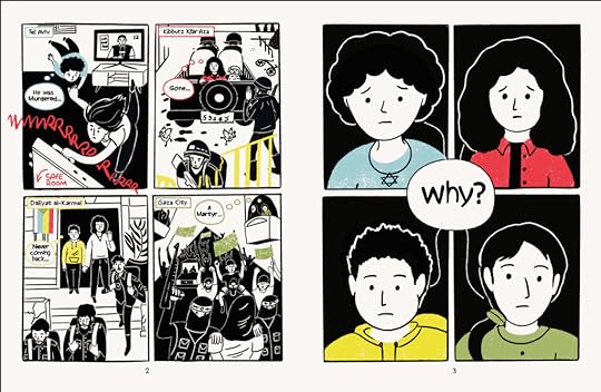 A graphic novel panel depicting scenes of children grappling with loss and violence. The illustrations feature four children from different locations (Tel Aviv, Kibbutz Kfar Aza, Daliyat al-Karmel, and Gaza City) expressing emotions of sorrow, confusion, and contemplation.