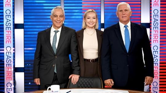 Rahm Emanuel, host Dasha Burns and Mike Pence appear at the taping of C-SPAN's weekly series 