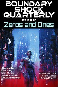 cover of BSQ 32 showing a cyborg standing amid futuristic skyscrapers.