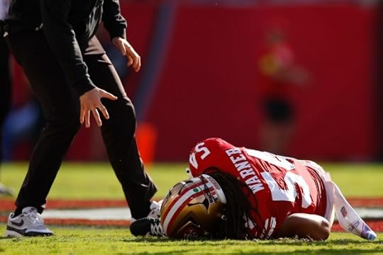 TAMPA, FLORIDA - OCTOBER 12: Fred Warner #54 of the San Francisco 49ers reacts after being injured during the first quarter against the Tampa Bay Buccaneers in the game at Raymond James Stadium on October 12, 2025 in Tampa, Florida. (Photo by Mike Ehrmann/Getty Images)