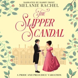 Regency couple, man holding her slipper, her stocking foot peeking from under the hem of her gown.