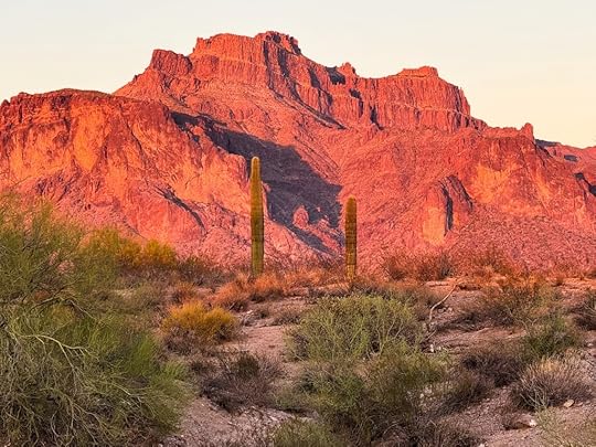 Scenic view of the Superstition Mountains in Arizona at sunset, highlighting red rock formations and two tall saguaro cacti in the foreground.