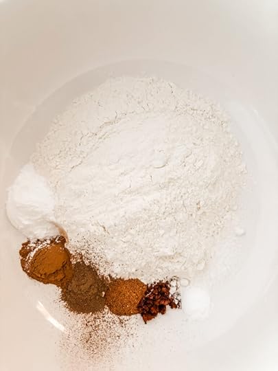 The flour and other dry ingredients in a bowl