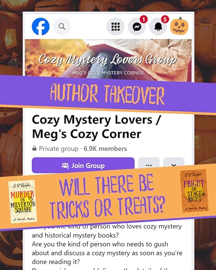 Screenshot of the Cozy Mystery Lovers / Meg's Cozy Corner Facebook Group with additional banners reading 