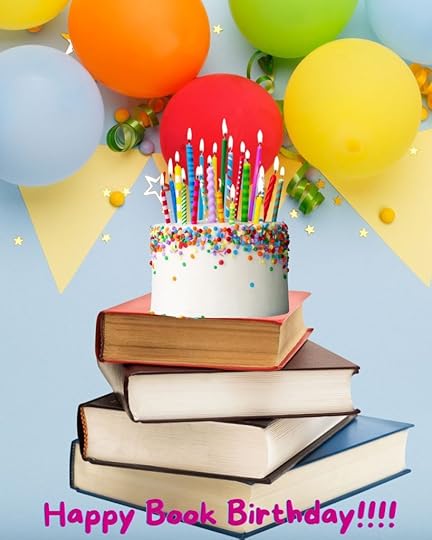 A colorful birthday celebration featuring a cake with candles on top of stacked books, surrounded by balloons and festive decorations, with the text 'Happy Book Birthday!!!!'