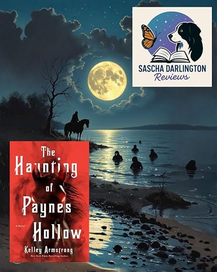 A spooky landscape featuring a full moon over a lake, with a silhouette of a horse and rider in the foreground, and the book cover for 'The Haunting of Paynes Hollow' displayed prominently.