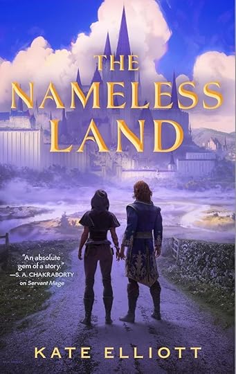 The cover of The Nameless Land by Kate Elliott. Two characters nearly but not quite hold hands while looking at a fog that seems to envelop everything.