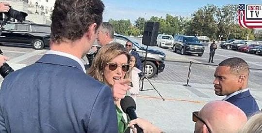 Congresswoman Nancy Pelosi snaps at Lindell TV reporter Alison Steinberg on Wednesday, Oct. 15, 2025, when asked about her role in the Capitol mayhem of Jan. 6, 2021