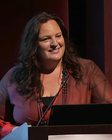 In this image from 2024, Gabriann Hall gives a presentation on her work in Klamath history and culture.