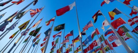 Country flags waving in the wind