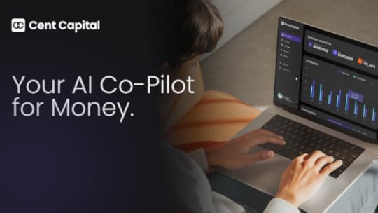 Cent Capital AI financial co-pilot dashboard on a laptop with a user, showing account overview, analytics, income, outcome, and transactions.