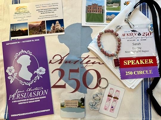 Austen at 250 tea towel, Mansfield Park bracelet, key chain, program for Persuasion, magnet, stickers, white and blue neckerchief