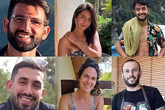 Clockwise from top left: Almog Sarusi, 25, Eden Yerushalmi, 24, Hersh Goldberg-Polin, 23, Ori Danino, 25, Carmel Gat, 40, and Alex Lubnov, 32. (Courtesy: Hostage and Missing Families Forum)