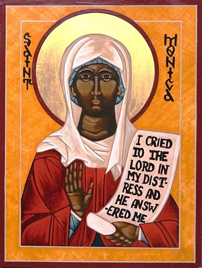 An icon of Saint Monica, depicted with a serene expression, wearing a white headscarf and red robe, holding a scroll with the text 'I cried to the Lord in my distress and he answered me.' The background is a golden hue, enhancing the religious and spiritual atmosphere.