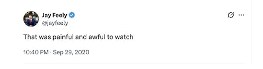 Tweet by Jay Feely expressing disappointment about a recent event, dated September 29, 2020.