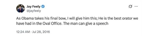 Tweet by Jay Feely praising Barack Obama as an exceptional orator during his final moments in office.