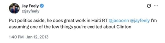 Tweet by Jay Feely discussing positive work in Haiti and mentioning political figures, dated January 12, 2013.