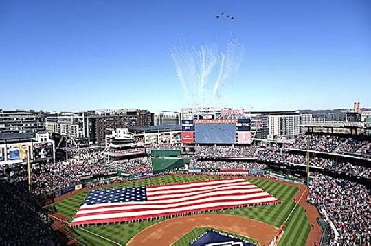 D.C. Air National Guardsmen piloting F-16s perform a flyover above Nationals Park, Washington, during pregame ceremonies for opening day, Friday, March 28, 2025. (U.S. Air Force photo by Senior Master Sgt. Craig Clapper, National Guard)