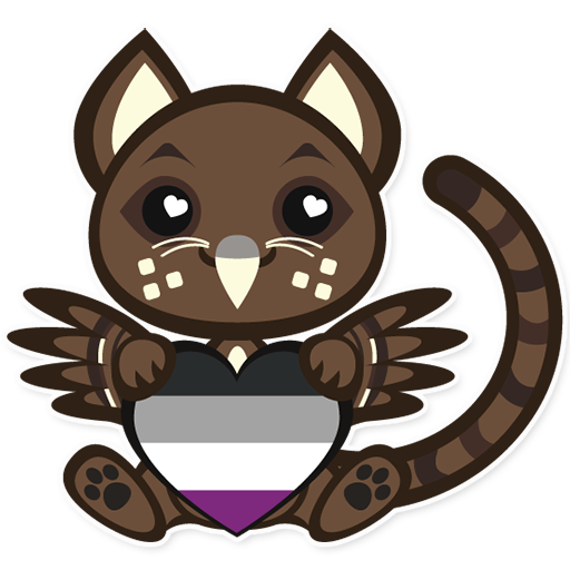 Chert, an oilbird jaguarundi gryphon, holding an ace pride heart.