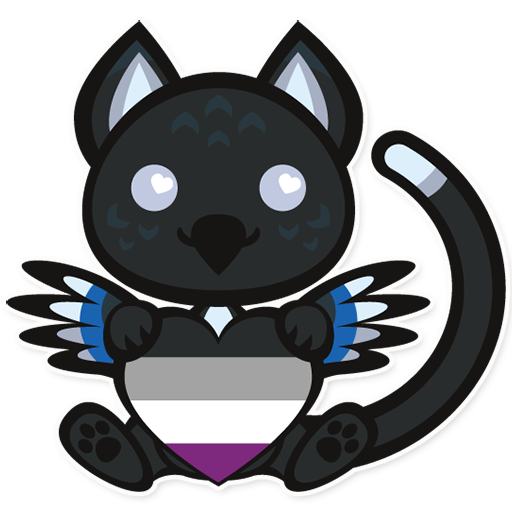 Xin, a black-billed magpie melanistic leopard gryphon, holding an ace pride heart.