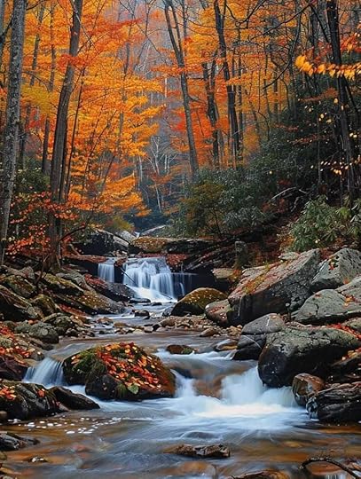 This may contain: a stream running through a forest filled with lots of trees covered in fall leaves and foliage