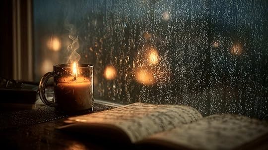 Candle, notebook, and a steaming mug by a rain-streaked window