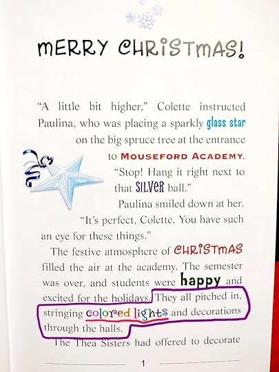 first page of the book with highlighted sentence, 'They all pitched in, stringing COLORED LIGHTS and decorations through the halls.'