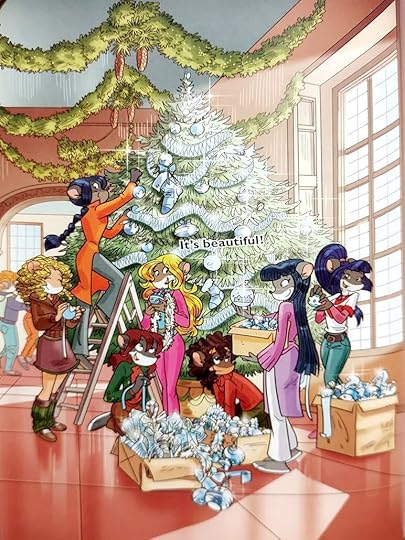 full-page illustration featuring the characters decorating a tree in pure white ornaments, not a single COLORED LIGHT in sight