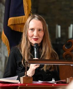 AA Abbott head and shoulders at lectern speaking at the Hawkesbury Upton Literature Festival