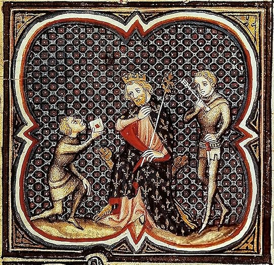 Medieval illustration shows a king granting an auding to 2 men.
