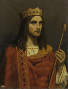 Portrait of a young king with long brown hair and beard, a golden crown and scepter, and red robe. 