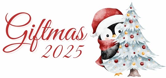 Giftmas 2025 - a watercolour penguin with a red santa hat decorates a white coniferous tree with coloured balls