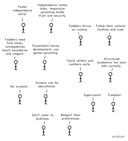 pairings of competing parenting advice, like: Toddlers thrive on routine vs Follow their natural rhythms and cues, and Supervision vs Freedom.