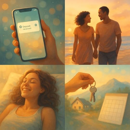 Four-panel square illustration showing how to change reality with your mind—bank “deposit received” on a phone, a couple walking at sunset, a relaxed woman waking healthy, and keys to a mountain home beside a spacious calendar.