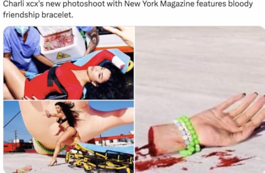 A collage of Charlie XCX photo shoot shots, including a severed hand featuring Kandi friendship bracelets. 