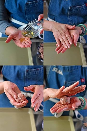Adding some oil to clean hands before rolling the cranberry turkey meatballs into perfect spheres.