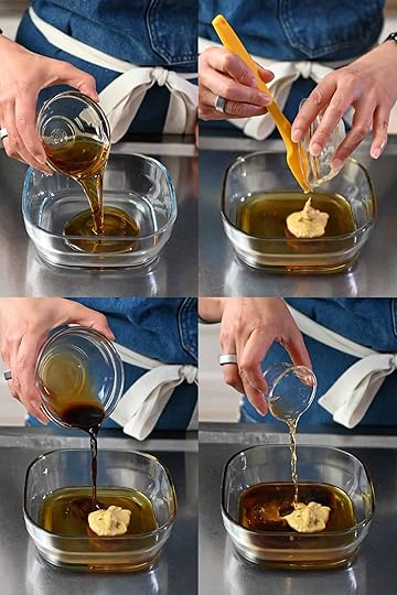 Four sequential steps that show someone adding maple syrup, dijon mustard, coconut aminos, and apple cider vinegar into a square container for the turkey meatball glaze.