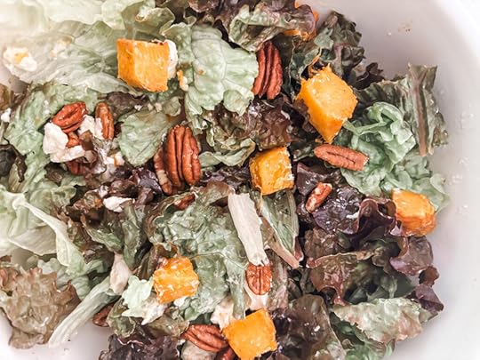 Pieces of the roasted pumpkin in a salad