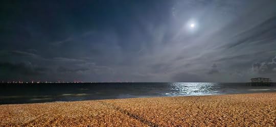 A shingle beach and the sea under moonlight.