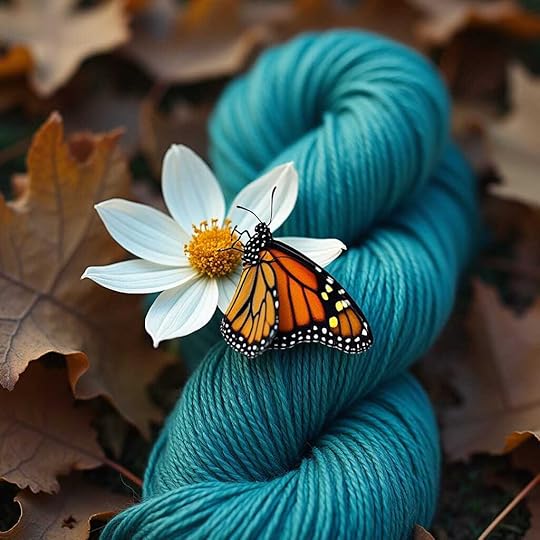 A colorful monarch butterfly resting on a turquoise yarn skein next to a white flower, surrounded by autumn leaves.