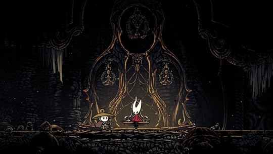Silksong Screenshot - Hornet sits on a bench with Sherma standing nearby