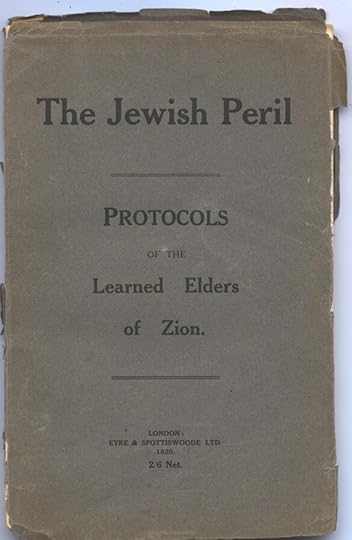 Cover of a book titled 'The Jewish Peril: Protocols of the Learned Elders of Zion', published in 1920 by Eyre & Spottiswoode Ltd.